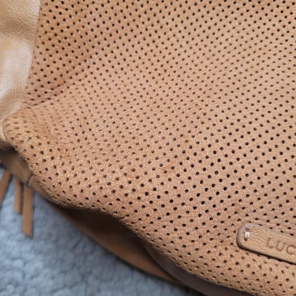 Lucky Brand Crossbody Bag Ebon Tan Leather Perforated Tassel Hobo Shoulder Boho - Picture 5 of 10